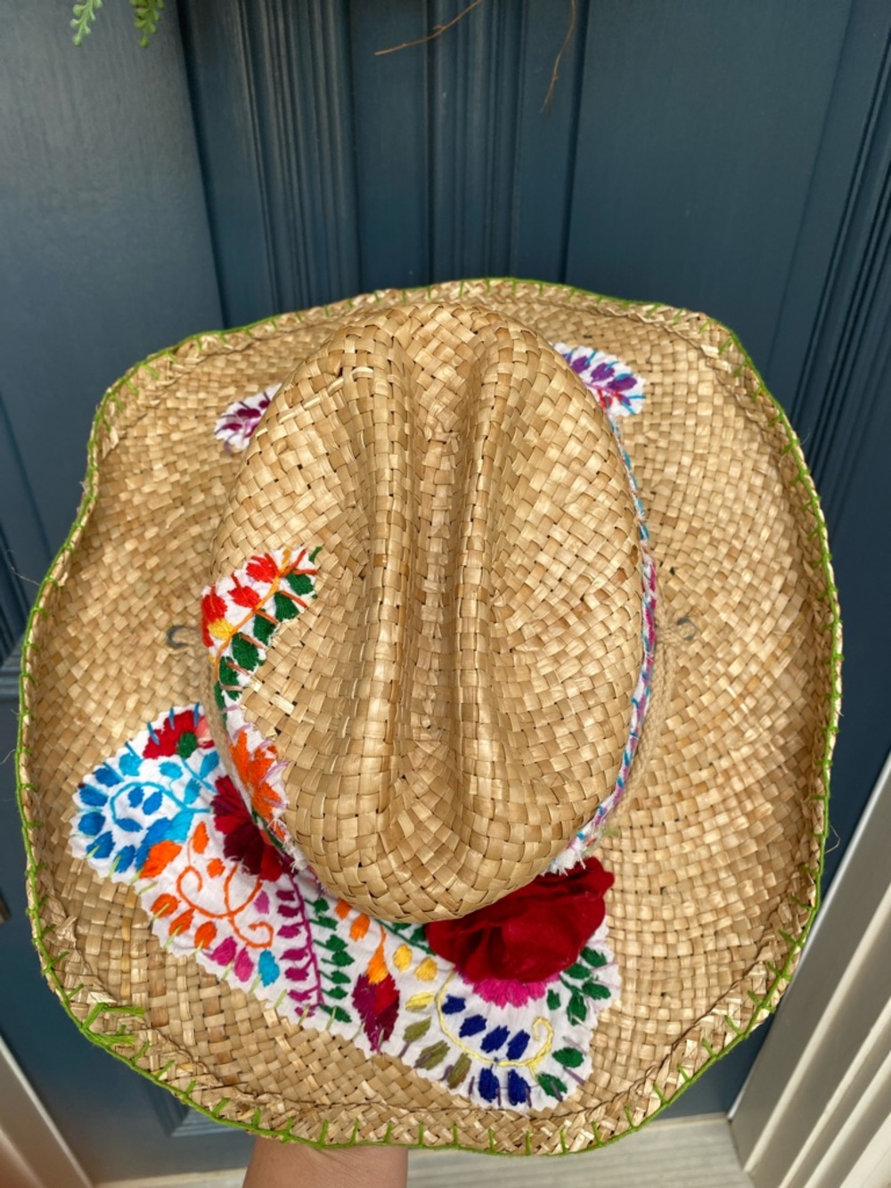 Gaudy Chic Straw Cowboy Hat embellished with Mexican dress Embroidery - Picture 6 of 15